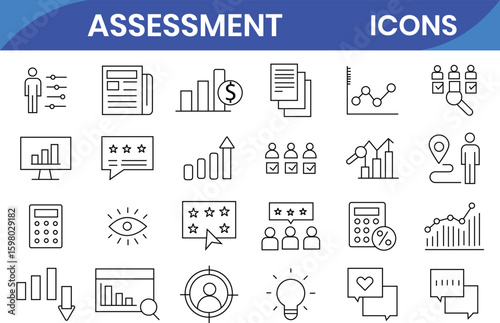 Assessment  outline web icons set. Audit, analysis, plan, evaluation, quality process, result and goal. Vector illustration