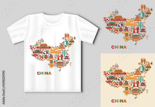 Vector map of China made of cultural symbols and traditional landmarks with editable T Shirt mockup for travel and souvenir design