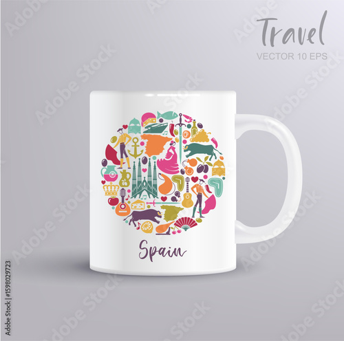 Vector circle with Spanish culture and landmarks on mug mockup. Great for souvenirs, tourism and print design.