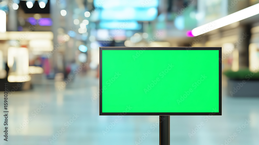 Obraz premium Digital signage with green screen in busy mall. Modern communication concept. Customizable content, perfect for advertising and information display.