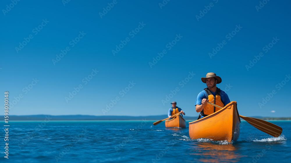 Obraz premium Joyful paddlers in tandem canoes gliding peacefully on a lake