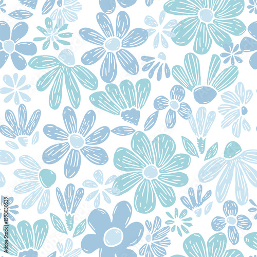 Lively floral pattern bursts with hand-drawn charm, featuring whimsical flowers in a delightful mix of lavender. Each flower is illustrated with sketch-like lines, giving it a casual, artistic feel.