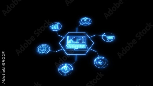 Futuristic KPI dashboard with digital icons for data analytics, e-commerce, cyber security, innovation, and global connectivity on a dark tech-style background