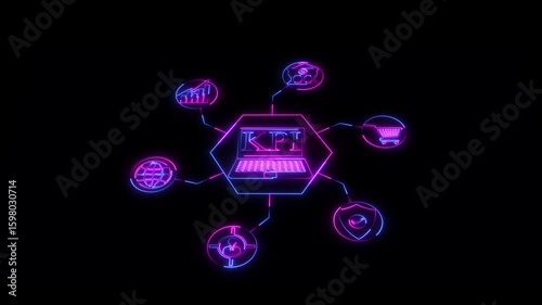 Futuristic KPI dashboard with digital icons for data analytics, e-commerce, cyber security, innovation, and global connectivity on a dark tech-style background