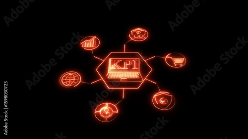 Futuristic KPI dashboard with digital icons for data analytics, e-commerce, cyber security, innovation, and global connectivity on a dark tech-style background