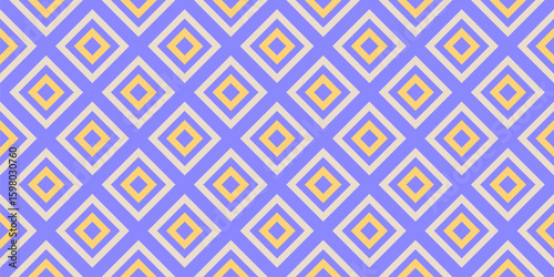 Geometric seamless pattern with squares, rhombuses, modular grid. Abstract vector ornament. Retro vintage style checkered background texture. Purple, yellow, beige color. Simple repeating geo design