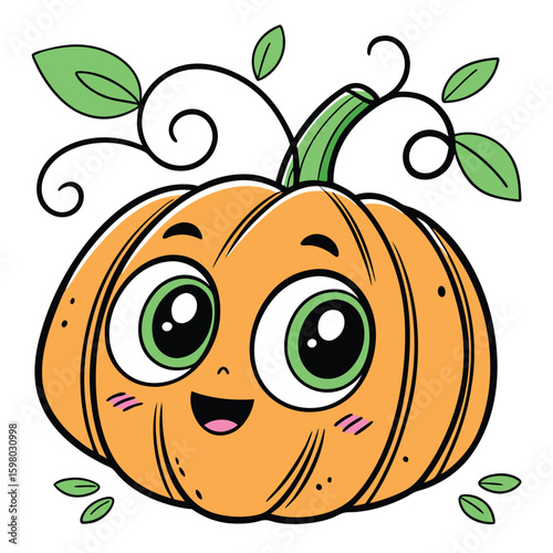 Joyful orange pumpkin with green leaves smiles widely on a white background for festive vibes