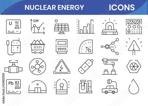 Nuclear energy  icon set. Set of nuclear power plant.Containing radioactive, nuclear plant, atom, nuclear bomb, hazard, radiation, atomic energy and more. Line vector icons collection.