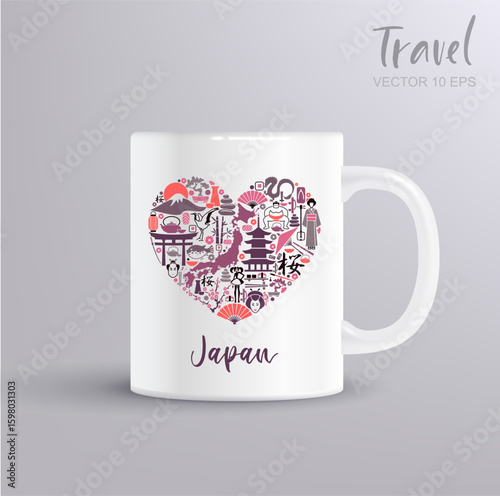 Heart shaped vector with traditional Japanese symbols on ceramic mug mockup. Ideal for travel, souvenirs and print design.