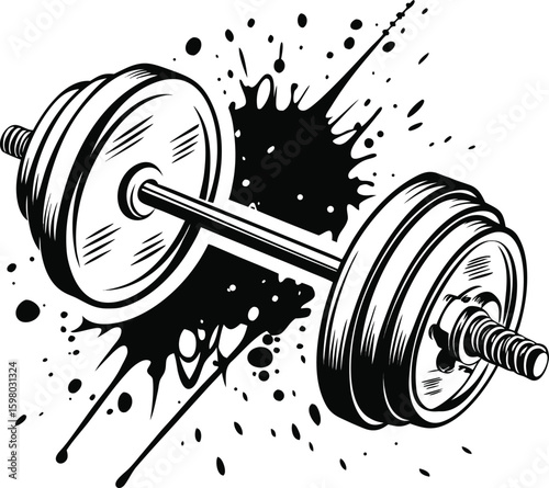 Black and white dumbbell with ink splatters weightlifting fitness