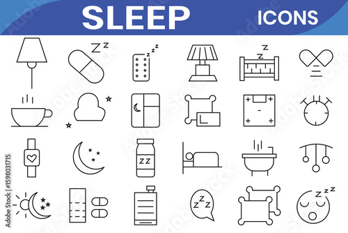 Sleep line icon set. Sleeping person, sleep, night rest, bed, pillow, sleeping pills, earplugs, moon, lullaby, bedtime story and more. Vector pictogram collection.
