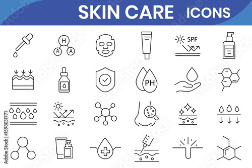 Skin care line icons set. Moisture cream, acid, anti wrinkle serum, ceramide, collagen, retinol compound, sunscreen vector illustration. Outline signs for skincare products property.
