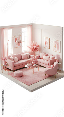3D Pink Living Room Interior Design Illustration