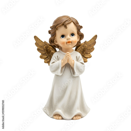 3D Praying Angel Figurine Isolated With Gold Wings