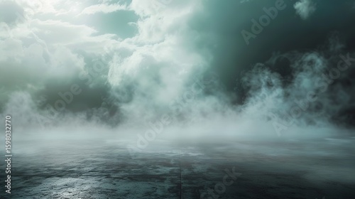 Dark, empty room with concrete floor. Can be used to display products or create a mysterious atmosphere. Foggy background with white clouds moving across it.