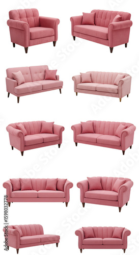 3D Pink Sofa Set Isolated on Transparent Background