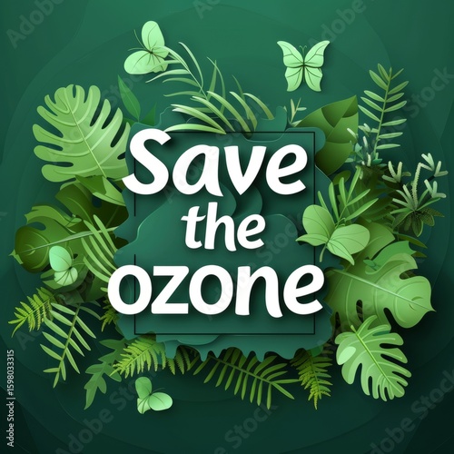 Save the ozone message with green nature background, typography and eco icons, minimal and clean design