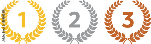 Laurel Award Icon Set – Gold, Silver, and Bronze Wreaths with 1, 2, 3 Rankings for Leaderboards, Badges, and Achievement UI