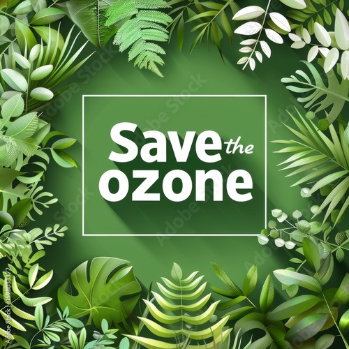 Save the ozone message with green nature background, typography and eco icons, minimal and clean design