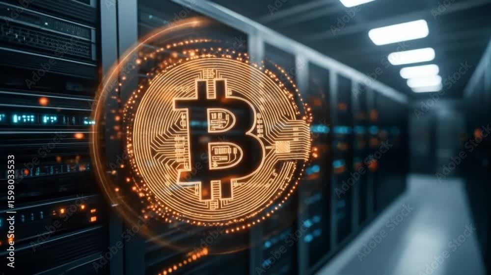 A glowing crypto coin graphic overlaid onto a server room hallway, suggesting digital currency within a data center