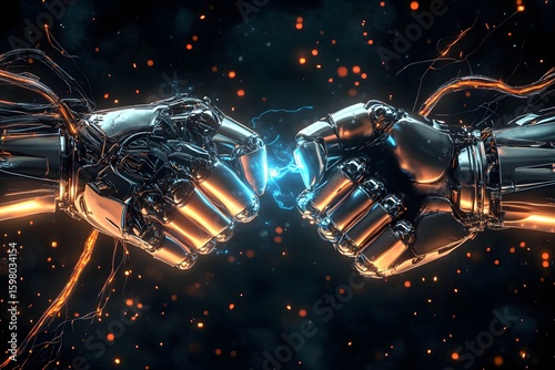 Robotic Fist Bump with Glowing Electricity and Futuristic Design