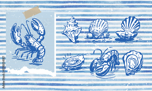 Seafood vector illustration of lobster, oysters, conch, scallops in ink chalk sketch style for party or wedding menu design. Suitable drawing for poster, signage or menu printing.