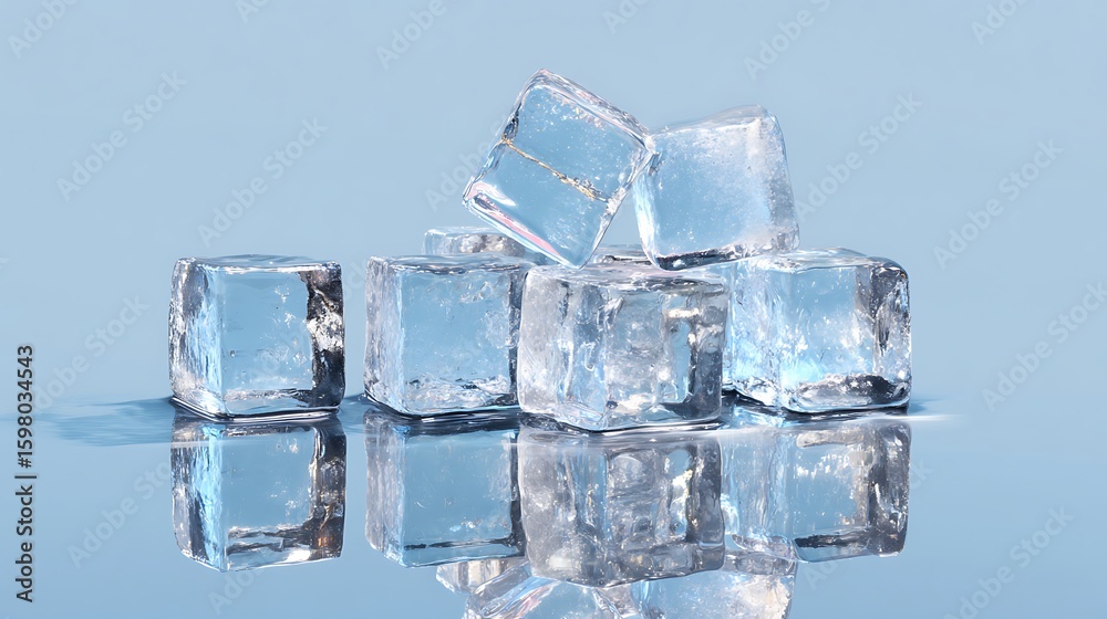 Obraz premium Ice cubes stacked on reflective surface against light blue backdrop