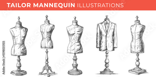 Set illustrations of tailor’s mannequin isolated on transparent background. Vector graphics