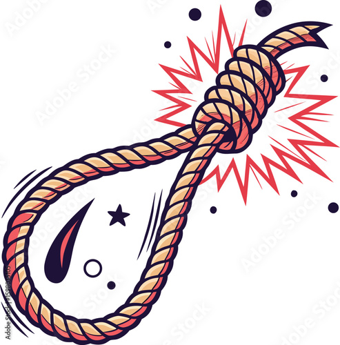 Twisted rope knot with red explosion and dark circles noose
