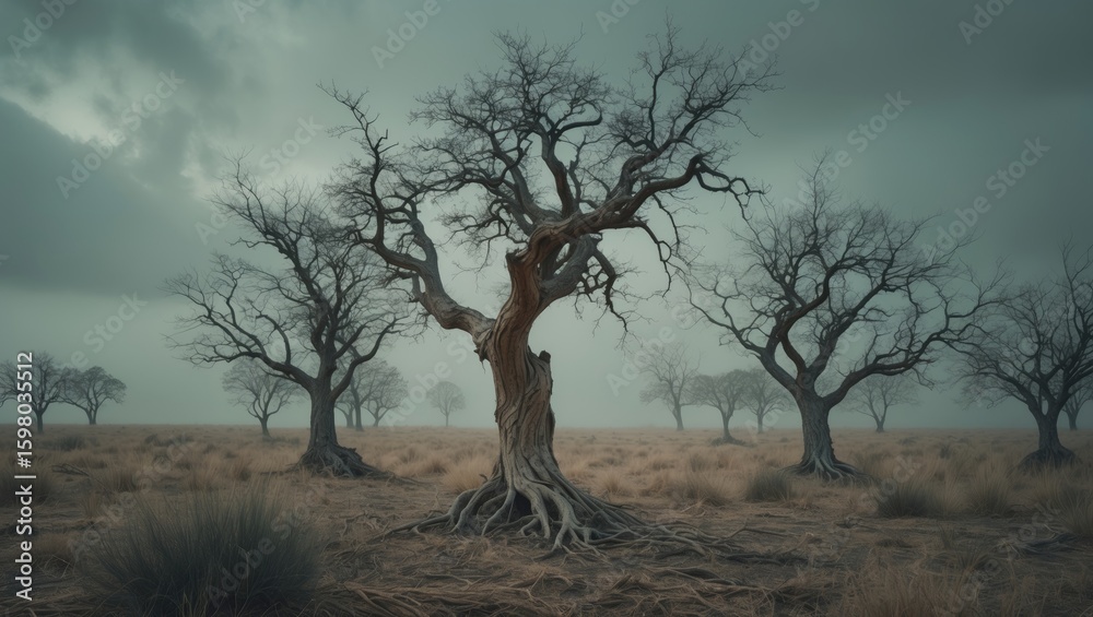 Fototapeta premium A solitary, gnarled tree with twisting branches stands in a barren landscape under a cloudy sky, surrounded by other trees in the distance.