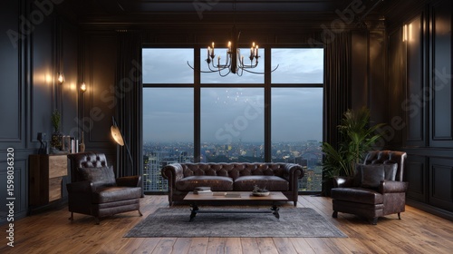 Dark, luxurious living room with city view