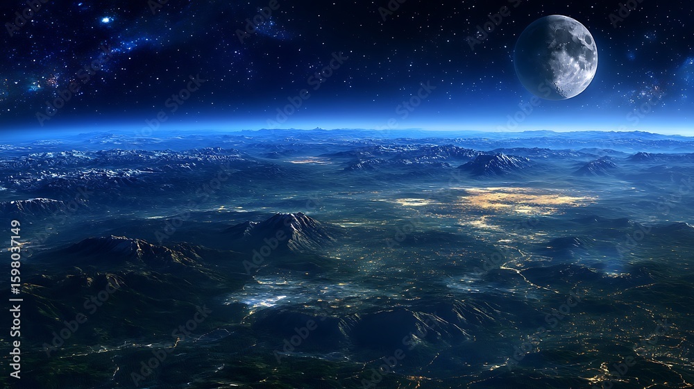Fototapeta premium Observing Moon Over Earth From Space with Mountain Views and City Lights