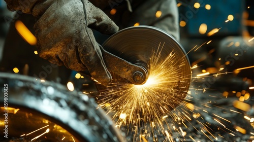 A close-up of a worker using a grinder, producing bright sparks while cutting metal, with protective gloves visible.