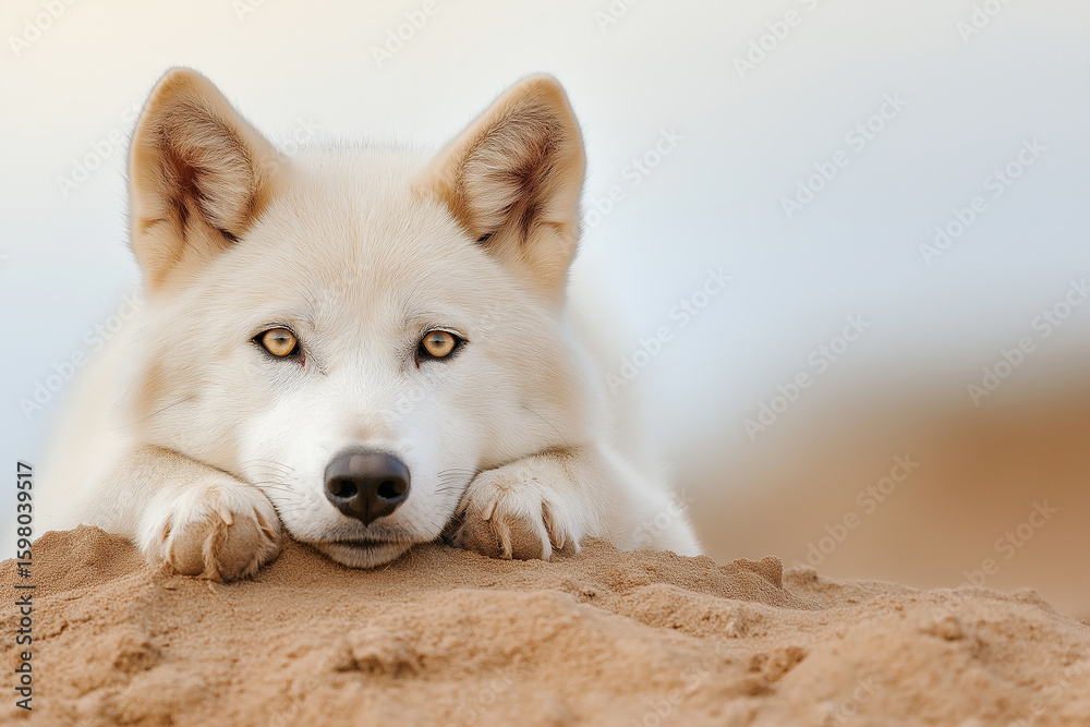 Obraz premium Husky dog relaxing on sand at the beach, cute and fluffy pet enjoying a sunny outdoor day