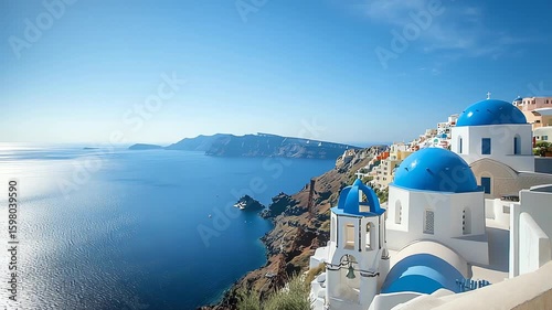 Santorini Greece landscape with blue domes churches and the sea, a travel destination offering