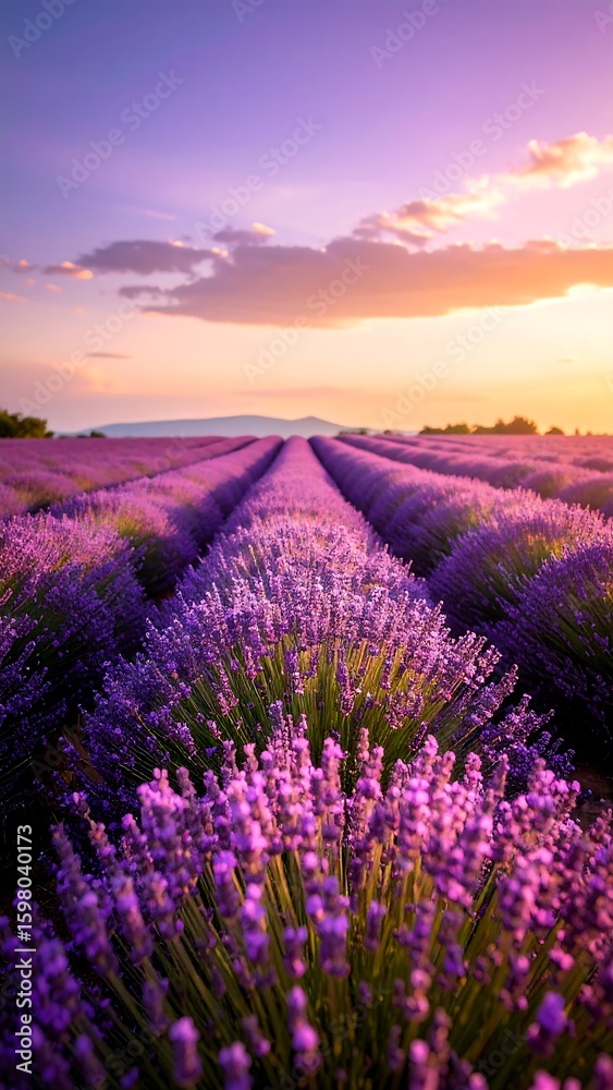 Fototapeta premium Vast Lavender Fields Under a Sunset Sky Rows of Purple Blooms Stretch to the Horizon, Capturing Tranquility and Natural Beauty During Golden Hour.