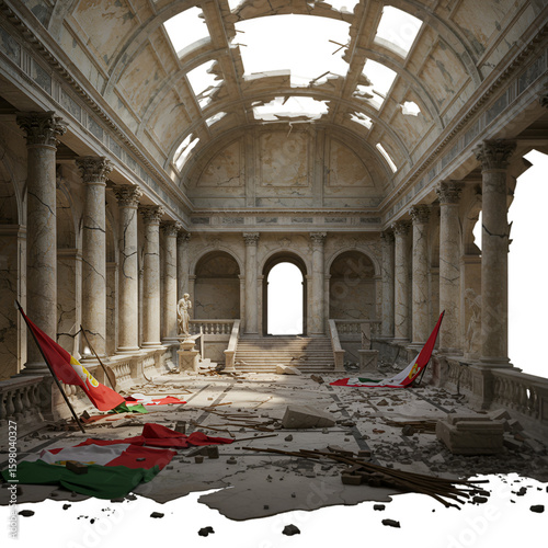 3D Render of Ruined Neoclassical Hall with Scattered Flags