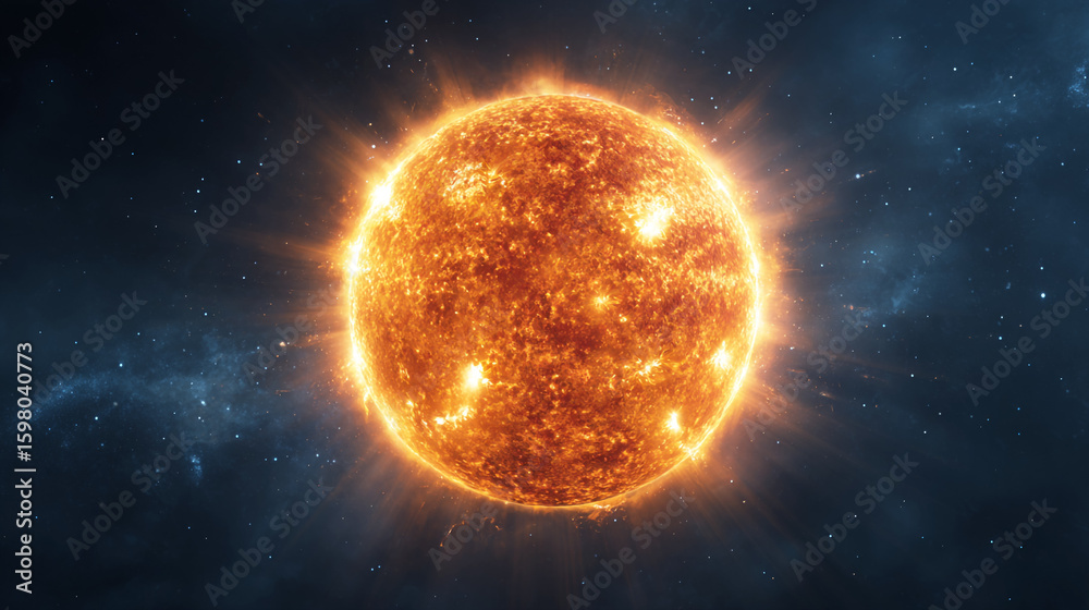 Naklejka premium Realistic depiction of an animated illustration showing the sun in space with its surface glowing and radiating light, surrounded by stars. The background is dark blue.