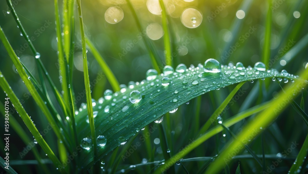 Naklejka premium Close-up of green grass with water droplets on a blade, with a blurred background. Nature, dew, and freshness concept. The scene of morning dampness on grass blades.