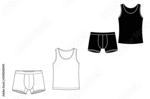 Men's underwear and tank top clothing set shown in a style guide layout for fashion design