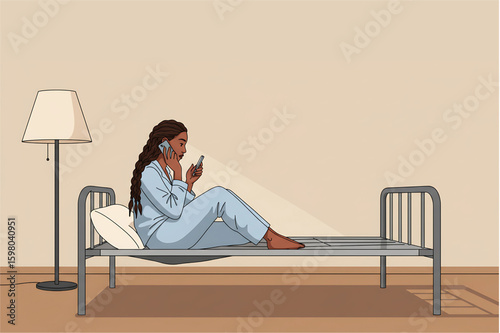 Woman in pajamas sits on a bed talking on her phone while looking at another smartphone