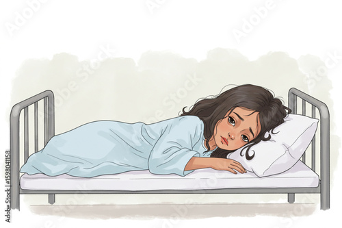Sad woman lying in hospital bed with sad expression wearing a hospital gown and resting head