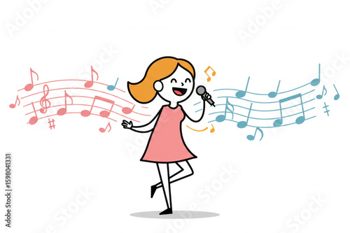 Cartoon woman singing with musical notes in pink and blue, vector illustration art style