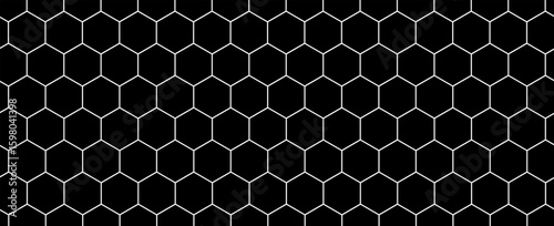 Black and white hexagonal technology vector abstract background. white bright energy flashes under hexagon in modern technology futuristic background illustration. Dark gray honeycomb texture grid.