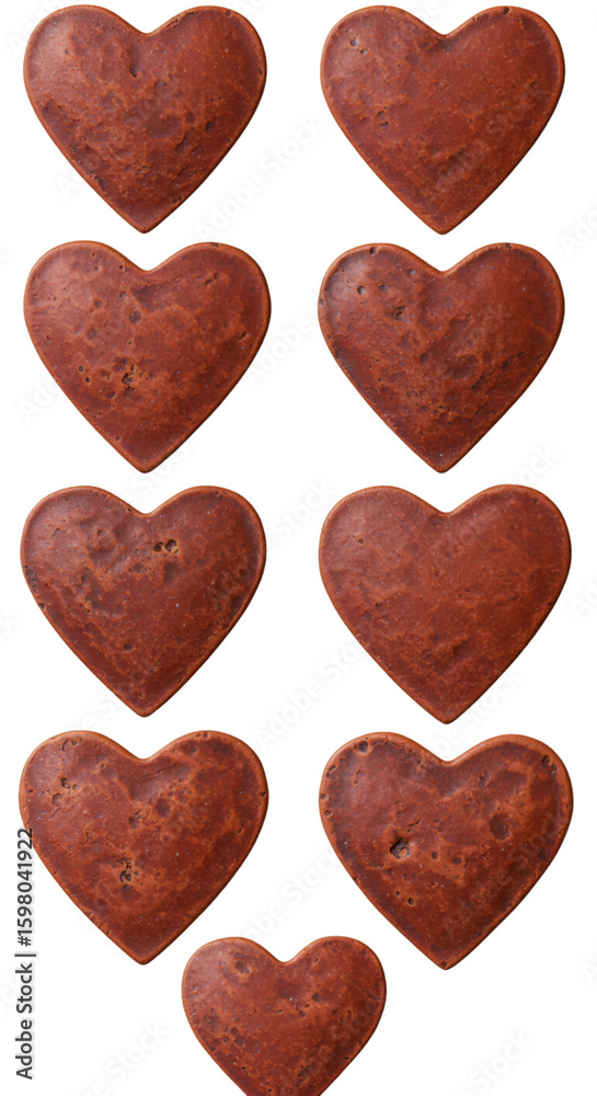 Fototapeta premium 3D Render Illustration: Vertical Arrangement Of Nine Brown Heart Shaped Cookies On Isolated Transparent Background