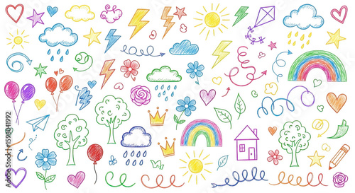 Collection of colorful hand drawn doodle elements including weather, nature and celebration icons isolated on transparent background