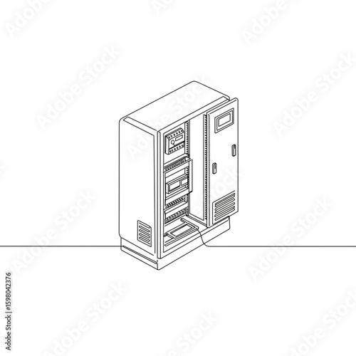 Electrical control panel with open door shows internal components in minimalist line art style