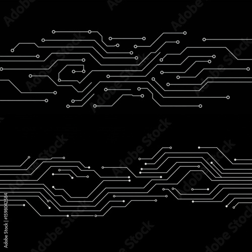 Circuit board design with white lines on black, abstract tech background for presentations