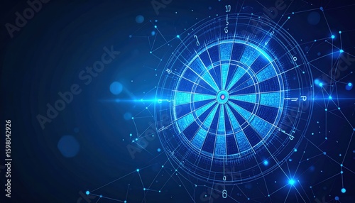 Futuristic digital dartboard with glowing blue lights and network connections on a dark background.
