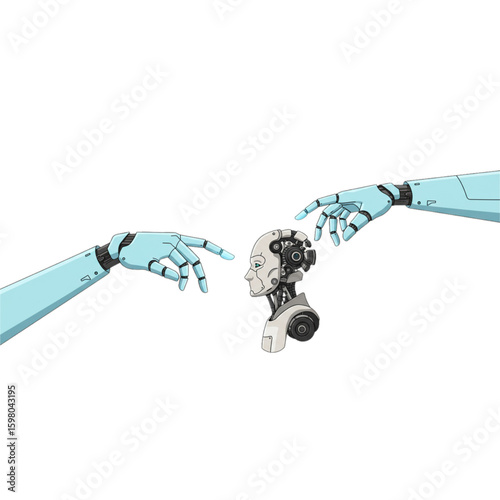 Creation of Robot: Two robotic hands reaching towards a humanoid robot head, futuristic concept